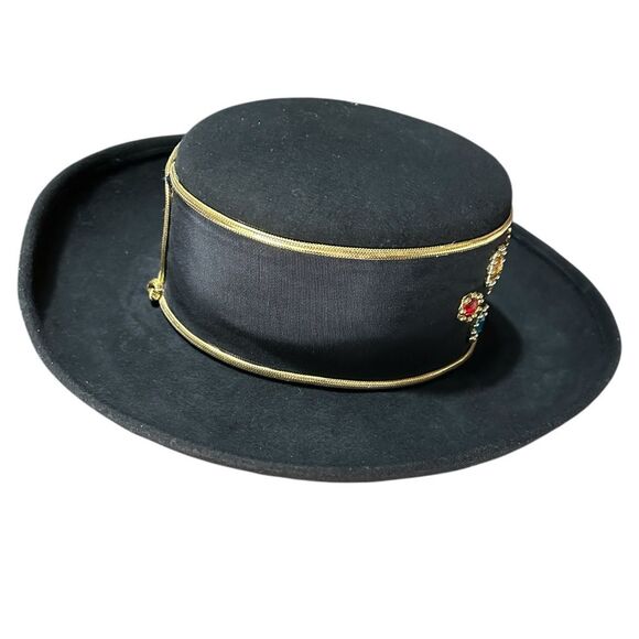 Vintage Sonni San Francisco Black Wool Felt Wide Brim Hat Jeweled Band SZ 7, S/M main image 6